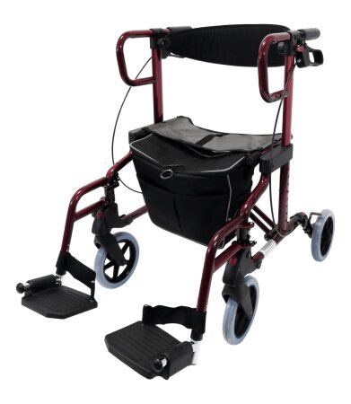Rollator und Transportrollstuhl Diamond Deluxe mit Fußstützen rot