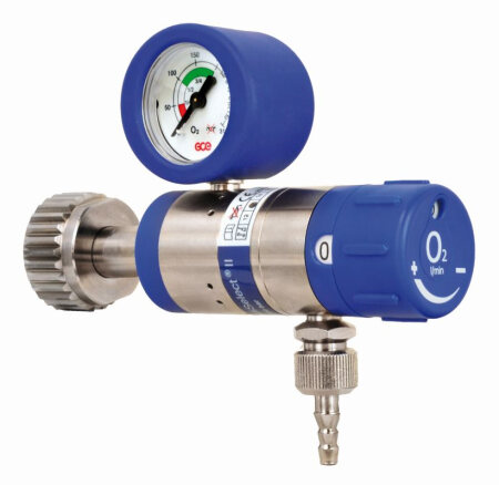 Druckminderer Mediselect 25 O2, D lang, Flow= 0-25 l/min. Eingang 3/4" Abgang 9/16" + Tülle