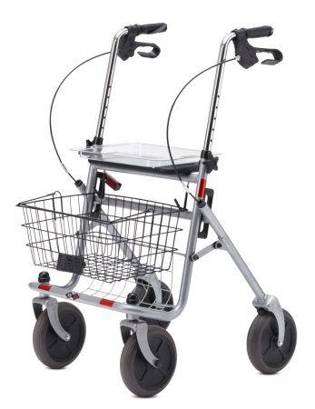 Rollator SENIO mit Tablett, Korb, Sitz und Stockhalter, PU, silber