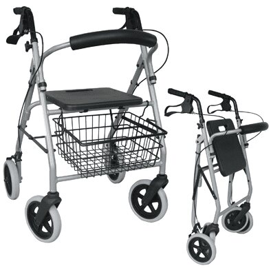 Leichtgewichtrollator Gigo 2G anatomische Griffe, Tablett, Korb, silber