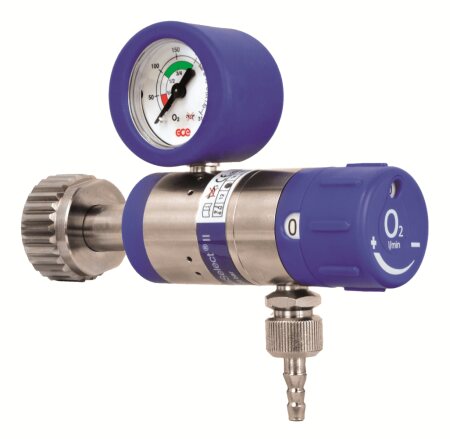 Druckminderer Mediselect 25 O2, D lang, Flow= 0-25 l/min. Eingang 3/4" Abgang 9/16" + Tülle