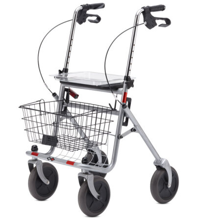 Rollator SENIO mit Tablett, Korb, Sitz und Stockhalter, PU, silber