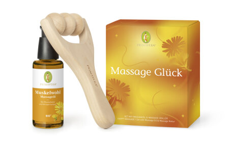 Geschenkset Massage Glück, Muskelwohl Massageöl bio 50 ml + Massageroller